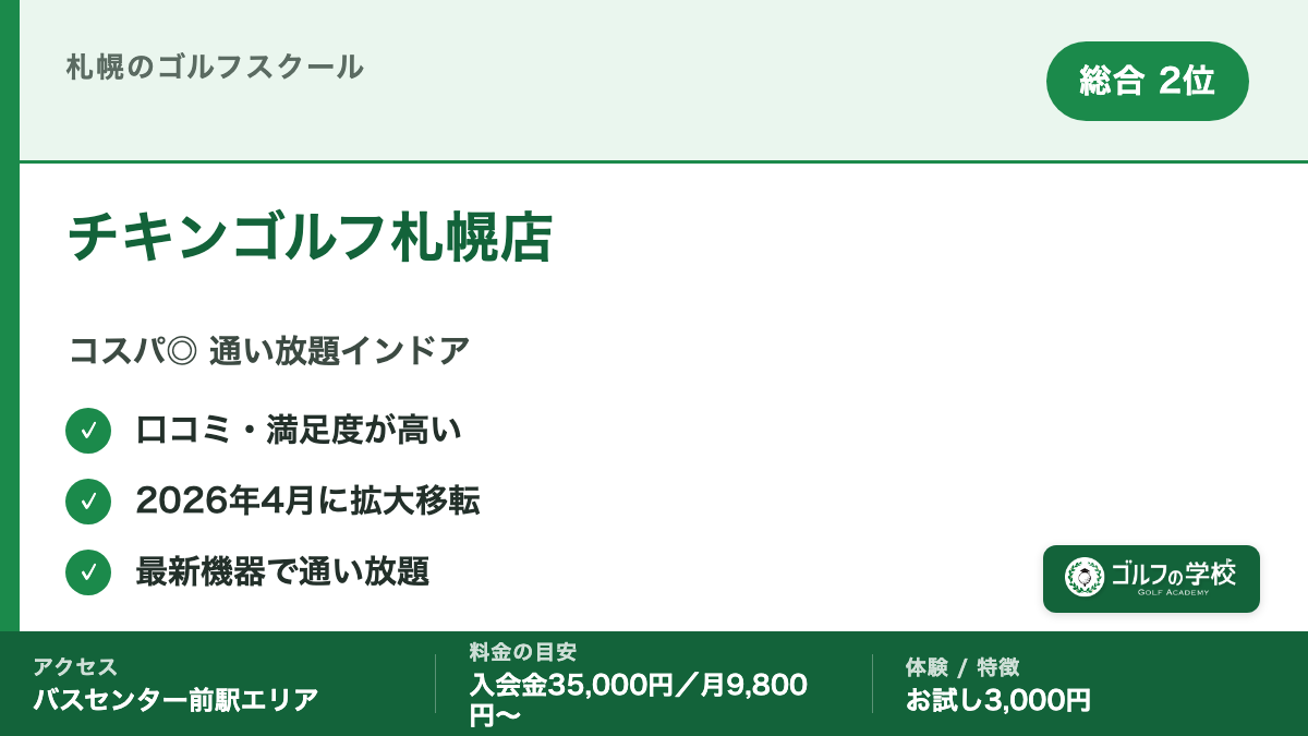 ゴルフスクール 札幌 おすすめ チキンゴルフ札幌店