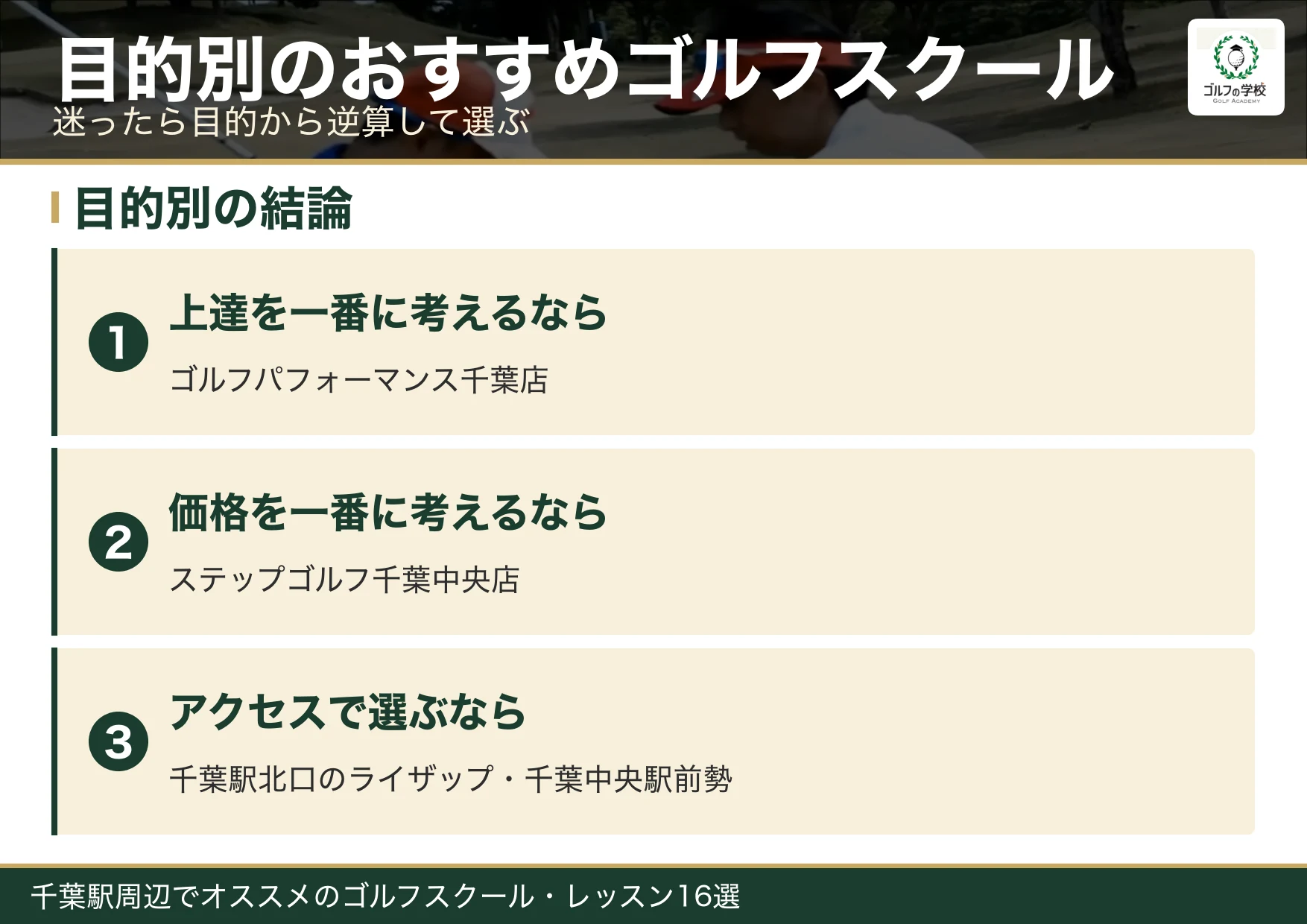 千葉のゴルフスクールの目的別おすすめ(千葉 ゴルフスクール)