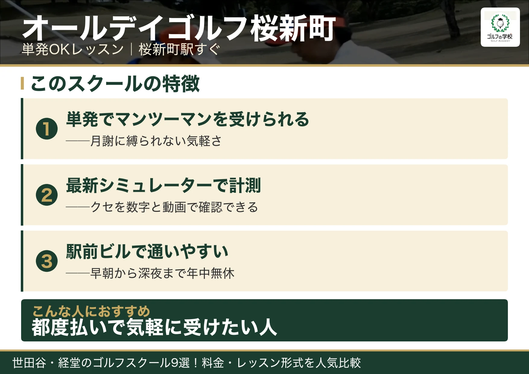 オールデイゴルフ桜新町の特徴(世田谷 ゴルフスクール)
