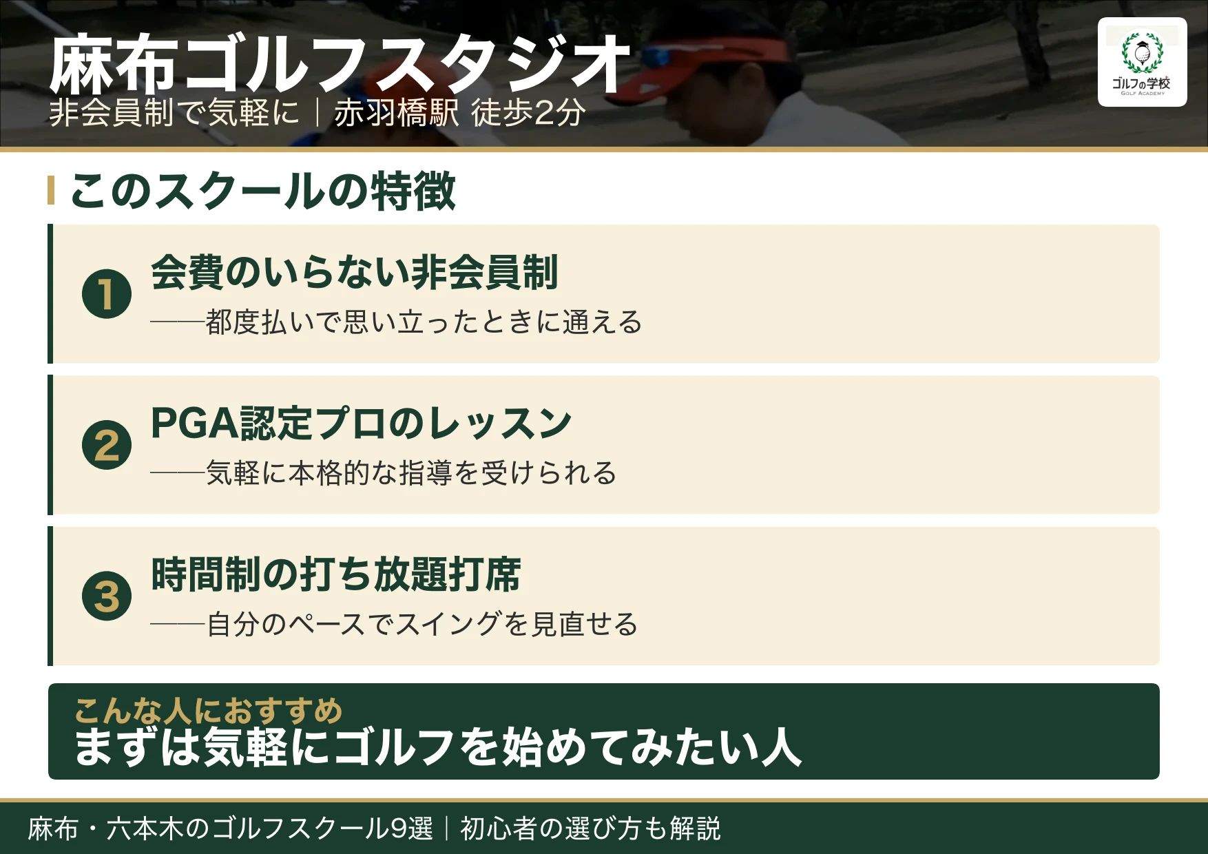 麻布ゴルフスタジオの特徴（麻布 ゴルフスクール）