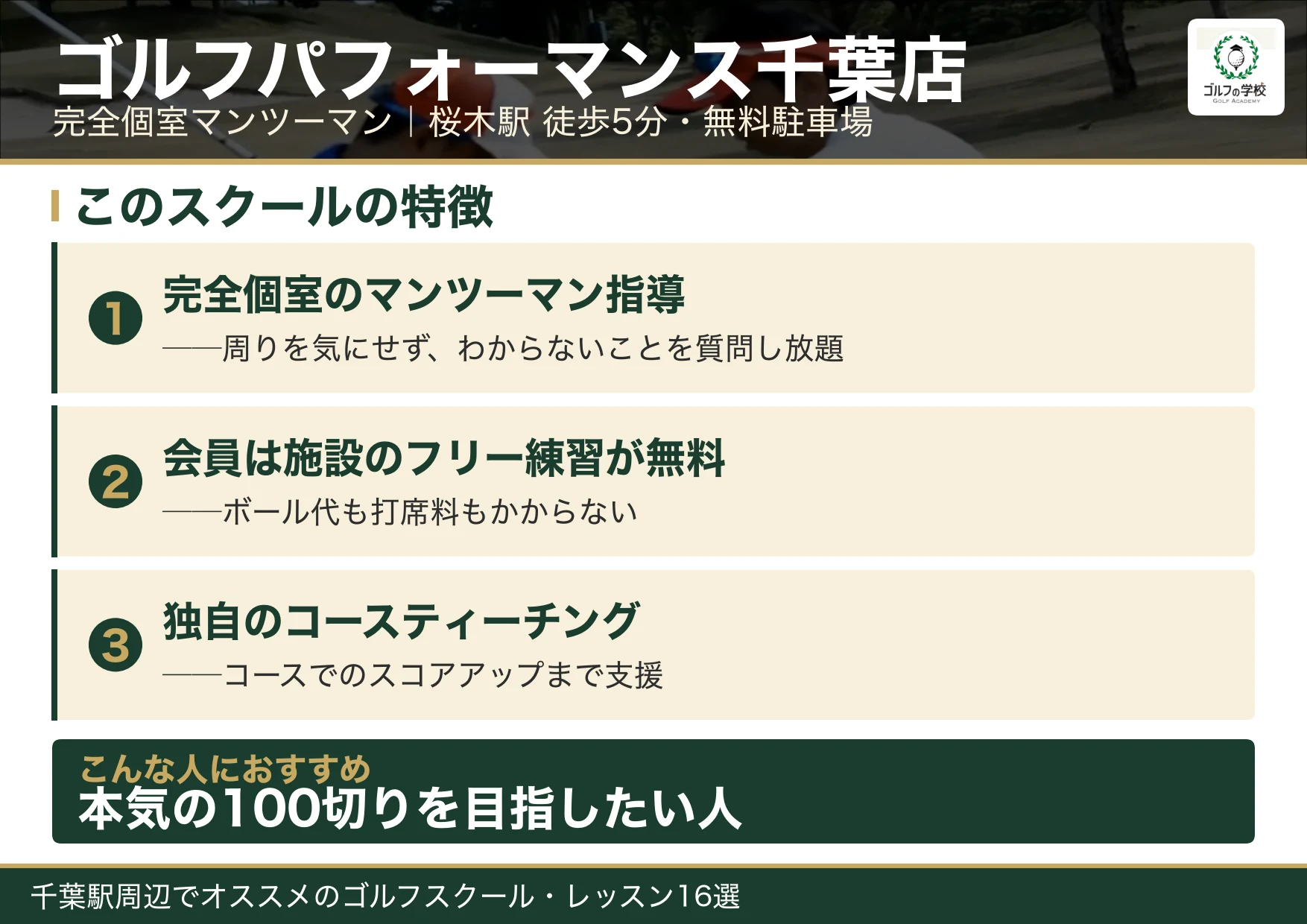 ゴルフパフォーマンス千葉店の特徴(千葉 ゴルフスクール)