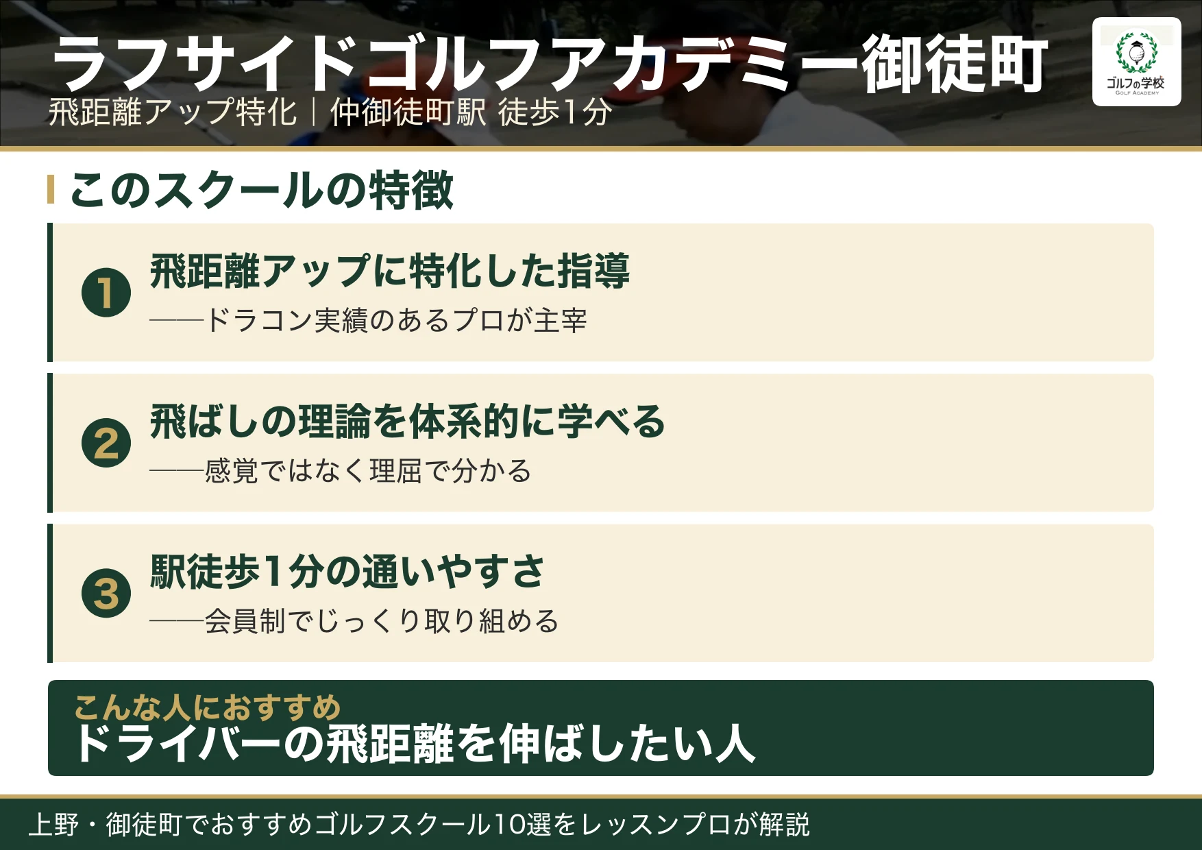 ラフサイドゴルフアカデミー御徒町の特徴（上野 ゴルフスクール）