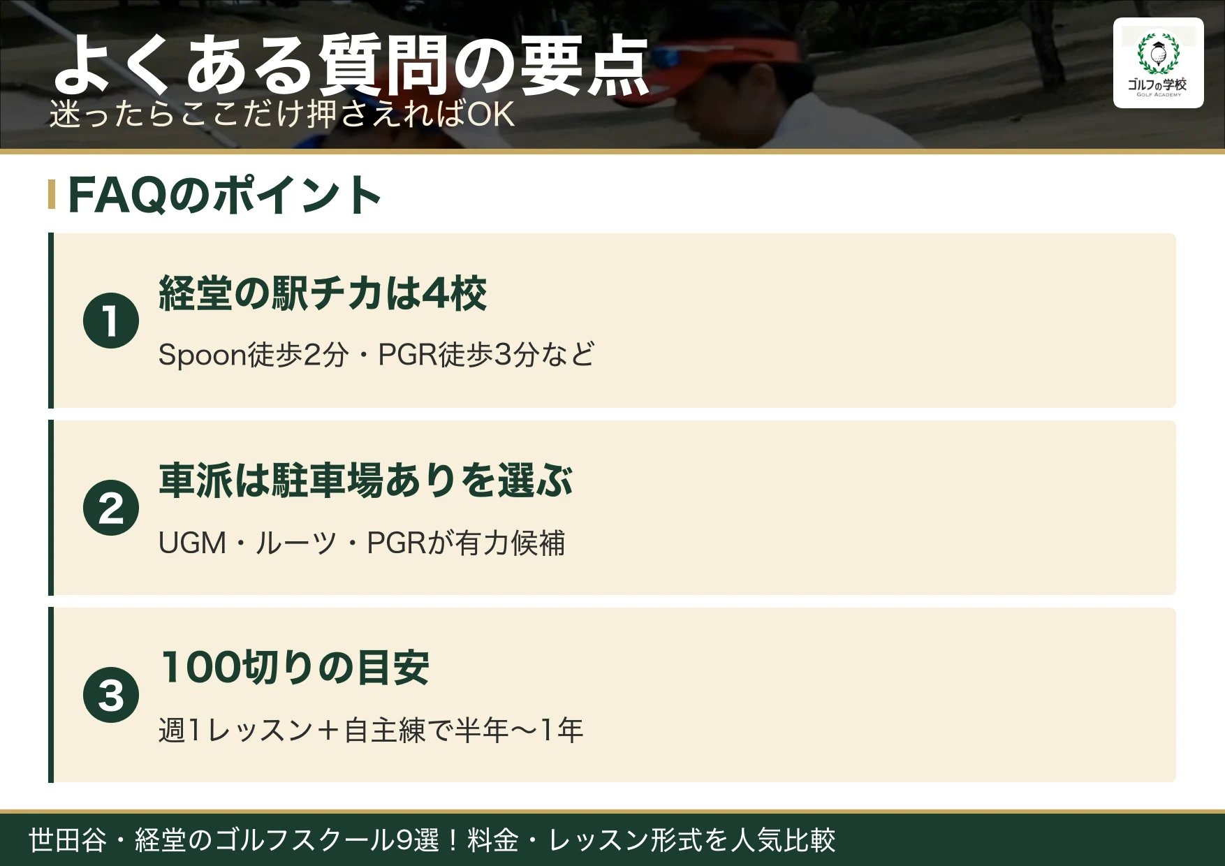 世田谷・経堂のゴルフスクールのよくある質問の要点